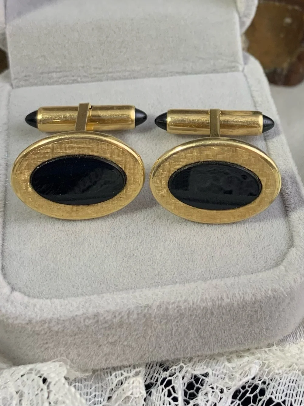 Vintage KREMENTZ 14K Gold Rolled Gold Plate Black Onyx Cufflinks